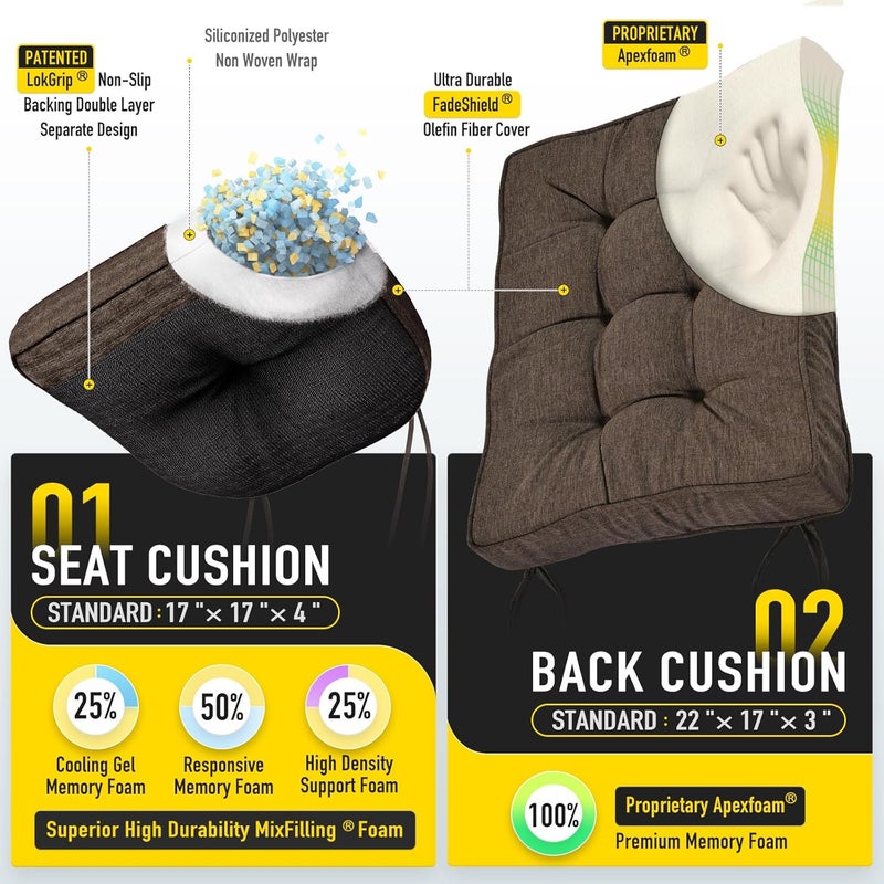 SUNROX Memory Foam Non Slip Rocking Chair Cushion, FadeShield Water Resistant Thicken Durable Tufted Pads, Set of Seat & Back Cushion with Ties for Indoor/Outdoor Rocker, 2 Piece, Heather Chestnut - Image 2